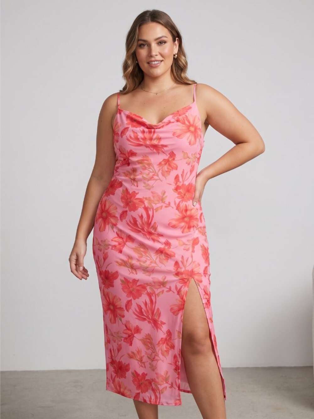 NWT BTFBM Pink Floral Cowl Neck Ruched Mesh Slip Maxi Dress XL